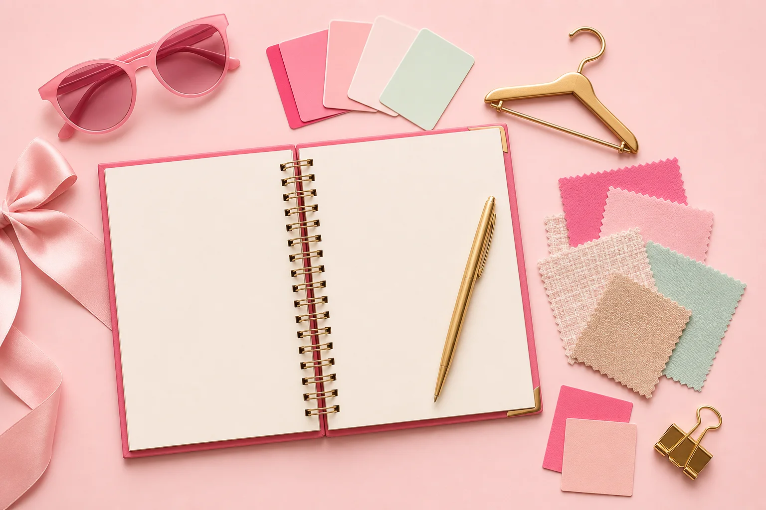 Carnet de style rose entouré d’accessoires de mode